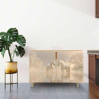 Buffet Buffet avec rangement Chevaux blancs se faisant face Scène de nature monochrome minimaliste avec 2 portes pour le salon et la cuisine