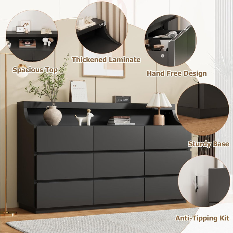 Commode 9 tiroirs 59 "pour chambre à coucher, Noir