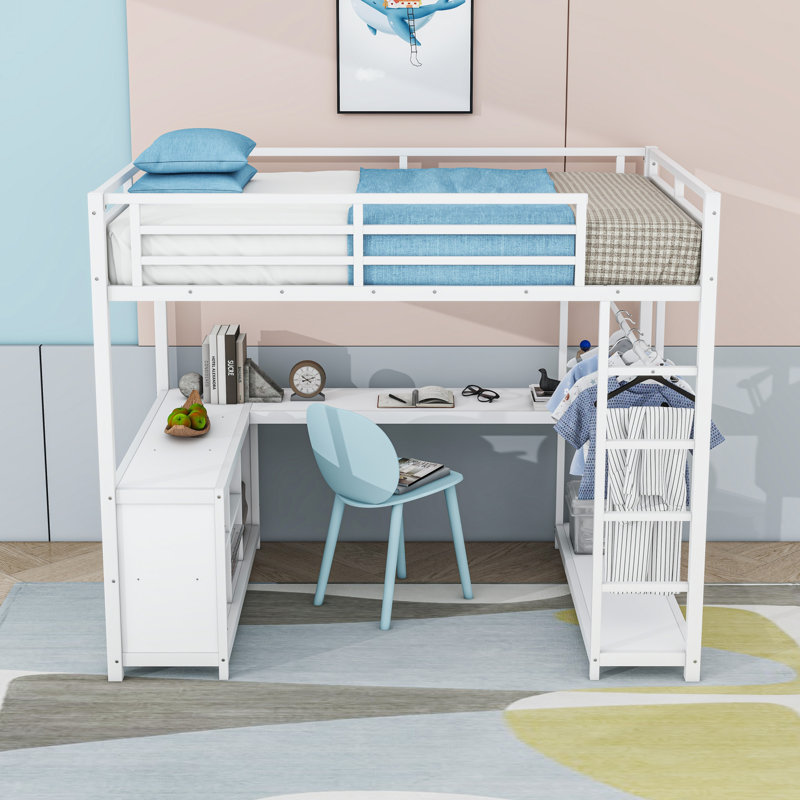 Lit mezzanine en métal avec tablettes, bureau et échelle, Complète, Blanc