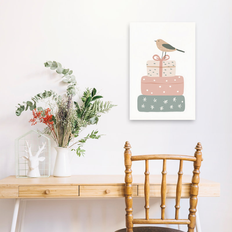 Festive Bird Presents Minimalist Modern Whimsical Bird Winter Landscape Wall Art Print 1 Piece Wrapped Canvas Wall Art