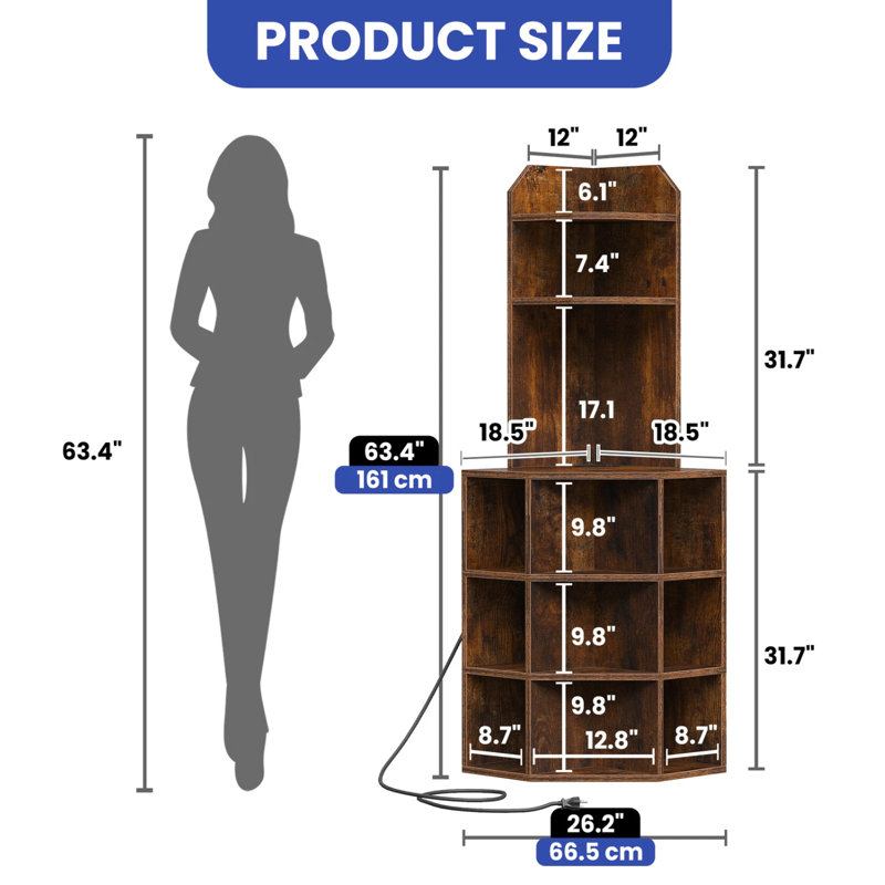 Ebern Designs Corner Shelf With USB Ports & Outlets, Brown