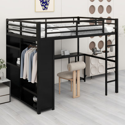 Structure de lit mezzanine en métal avec garde-robe intégrée, bureau et tablettes de rangement