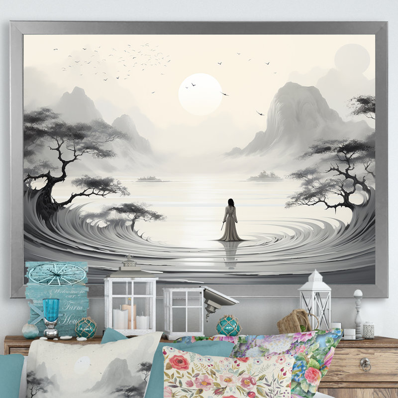 Jardin zen sur toile, Cadre simple argenté, H 16 po x l 32 po x P 1 po