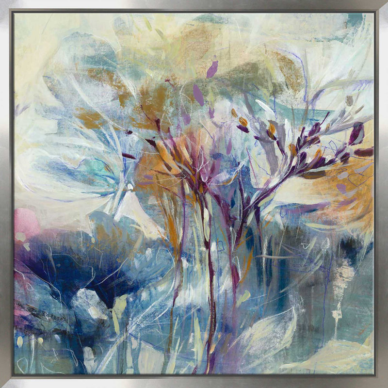 «Meadow Safran II» par K.Nari - Peinture, Cadre flottant argent, H 39,5 po x l 39,5 po x P 2 po
