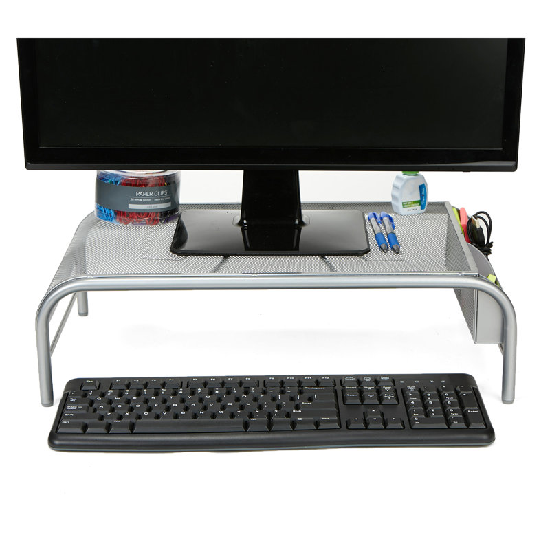 Silver Metal Mesh Monitor Stand with Side Storage