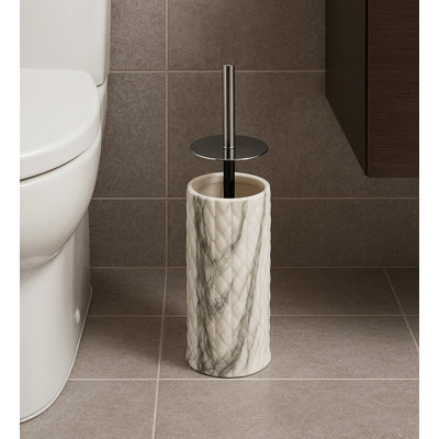 15" Tall Embossed Textured Beige Grey Ceramic Toilet Brush Set With Holder