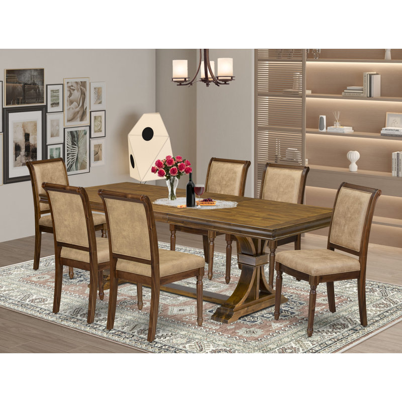 L'ensemble de table de salle à manger 7 pièces comprend une table de cuisine et 6 chaises de salle à manger en tissu de polyester beige avec dossier haut - finition noyer antique