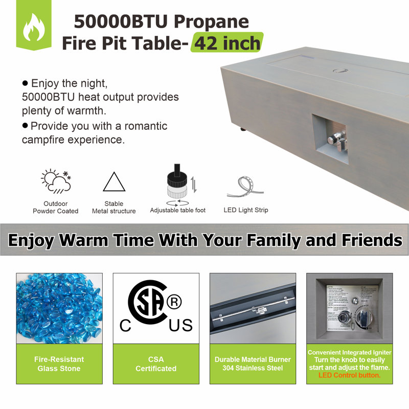 12.6’’ H X 42’’ W Metal Propane Outdoor Gas Fire Pit Table With Golden Light, Light Brown