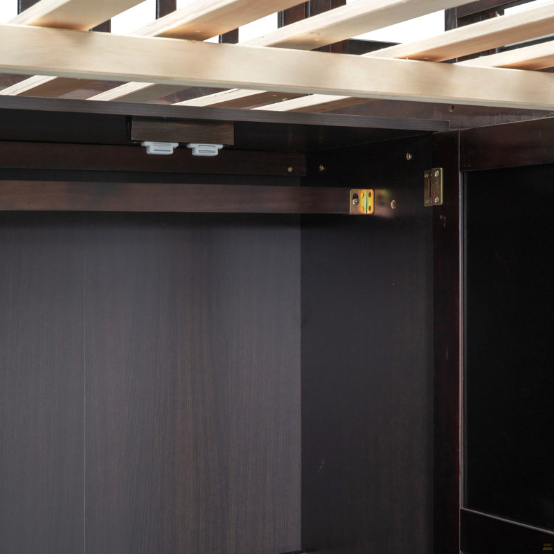 Lit mezzanine double avec bibliothèque, tiroirs, bureau et garde-robe