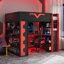 Lit mezzanine pleine grandeur avec bureau intégré et lumières à DEL RVB, lit Pro-Gamer avec prise de courant, grande bibliothèque, panneau perforé, plateau à clavier et tiroir de rangement, 3 couleurs disponibles