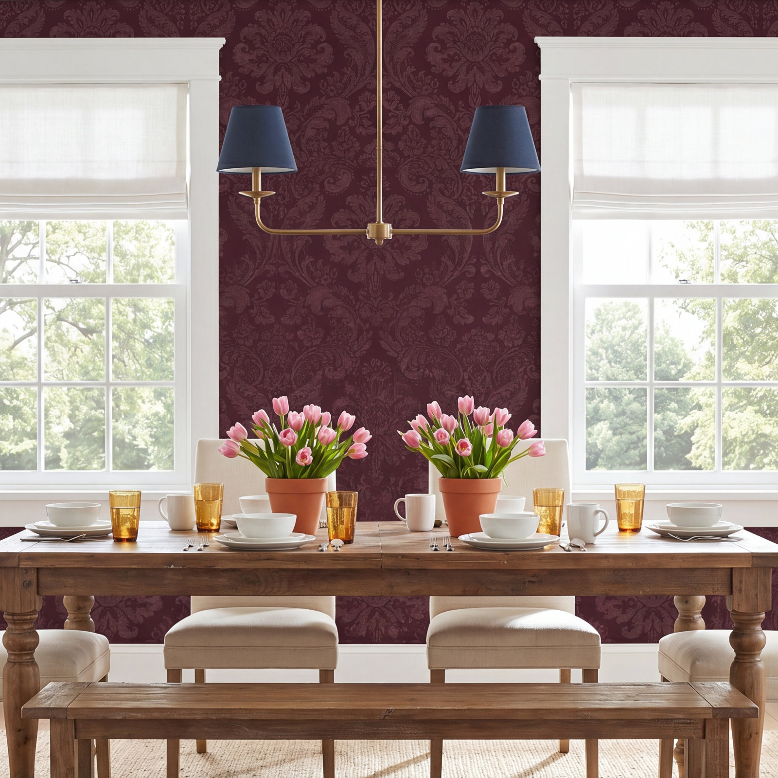 Melvin Damask Wallpaper, Merlot