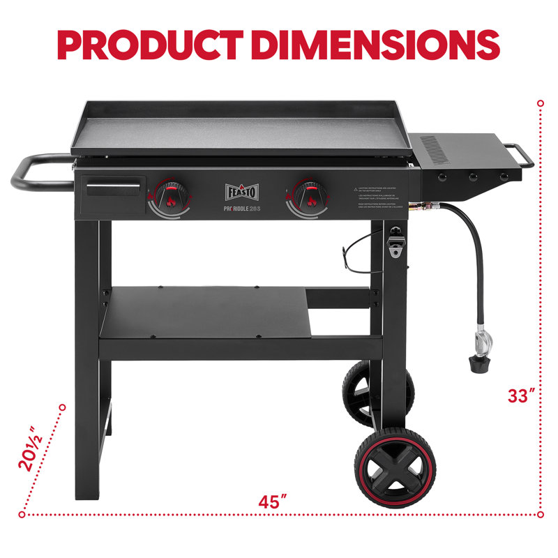 FEASTO 28" 2-Burner Propane Gas Griddle with Cart, 30,000 BTU, Outdoor Heavy-Duty Flat Top Grill with Front Grease Cup, Side Table, for Camping, Tailgating, Backyard