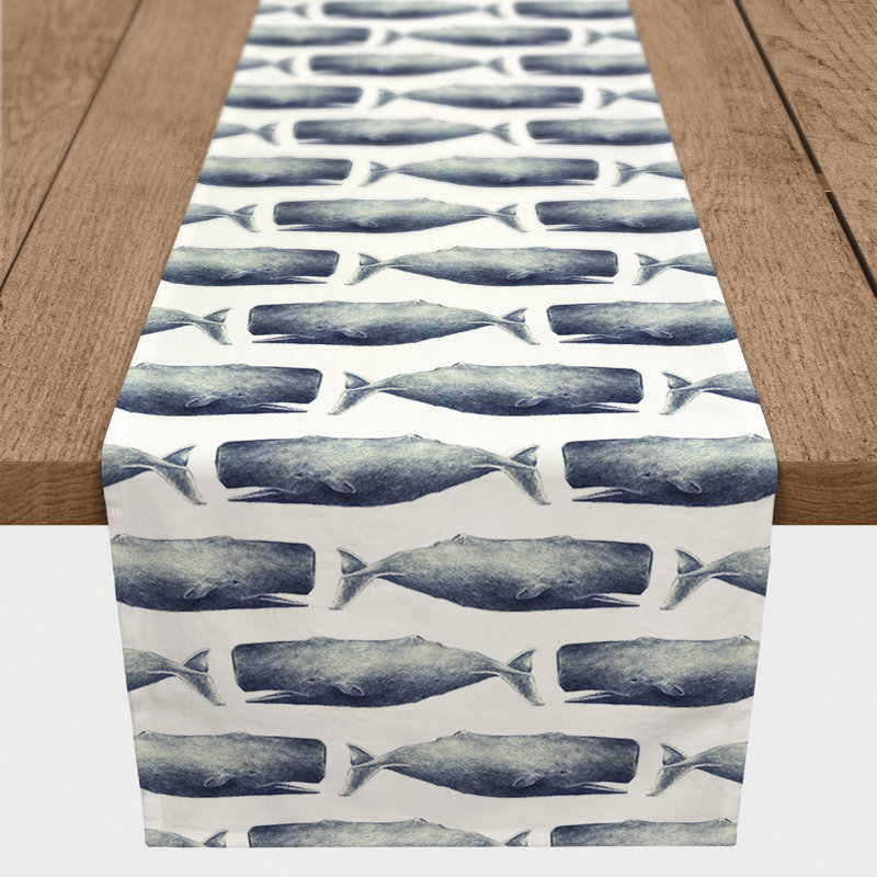 Chemin de table baleines Mckinley, L 90 po x l 16 po, Bleu marine, Imprimé animal 1