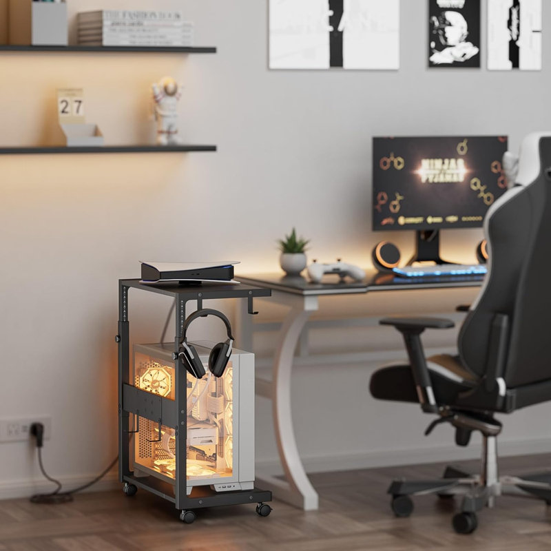 Computer Tower Stand, Adjustable PC Tower Stand CPU Holder Cart With Charging Station For Office Home Classroom