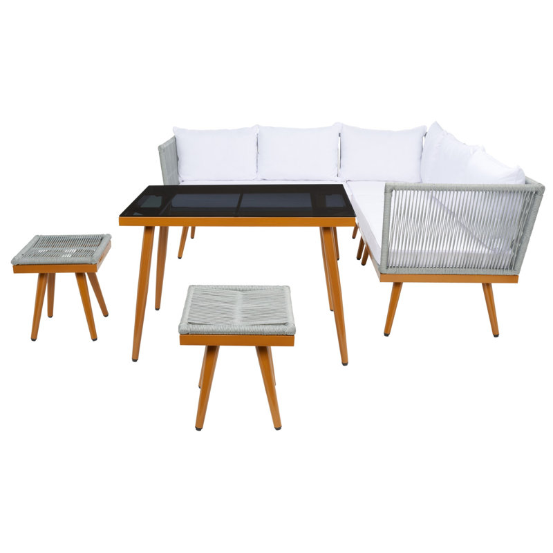Ensemble de salle à manger rectangulaire avec coussins 127,9 po pour 5 personnes Faiqah, Blanc, Gris / brun