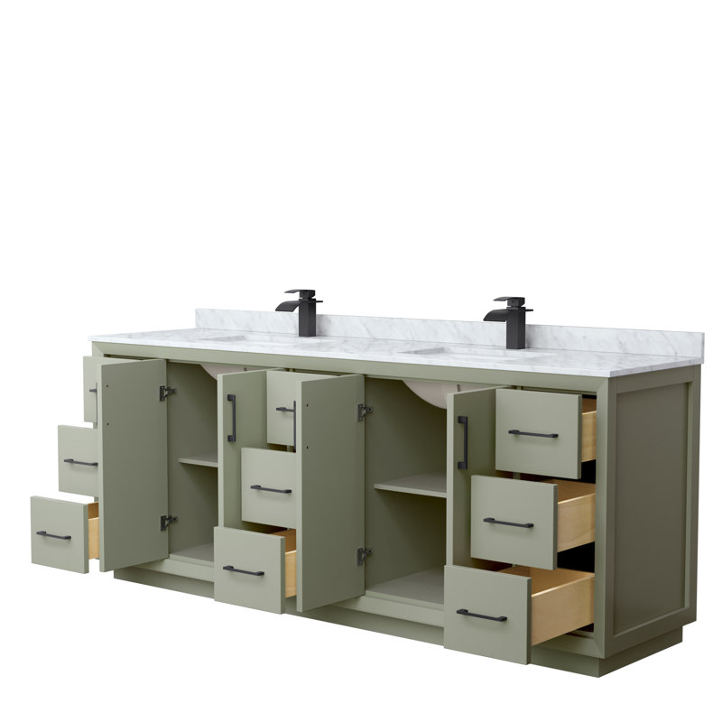 84'' Double Bathroom Vanity with Genuine Marble Top, Black, Light Green