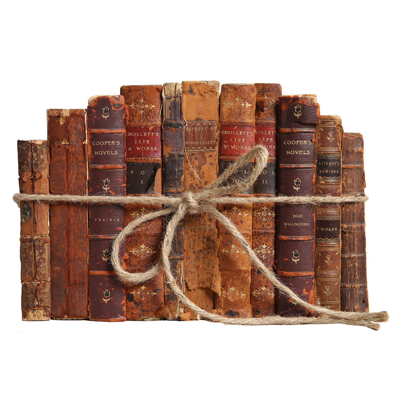 Decorative Books - Vintage Distressed Leather Book Bundle - 1 Foot of Brown Books