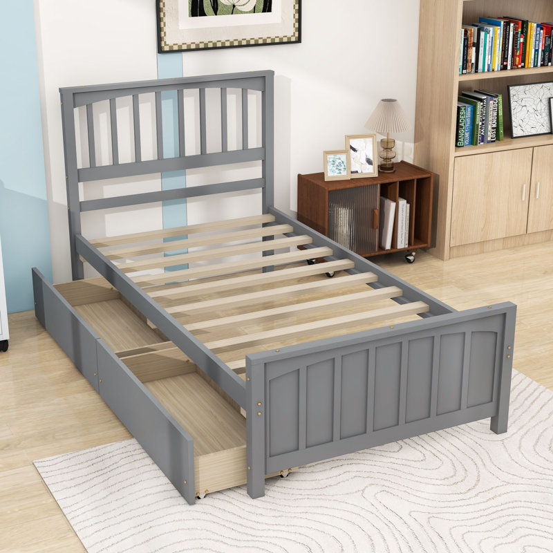 Lit plateforme simple en bois avec tiroirs de rangement intégrés, Gris