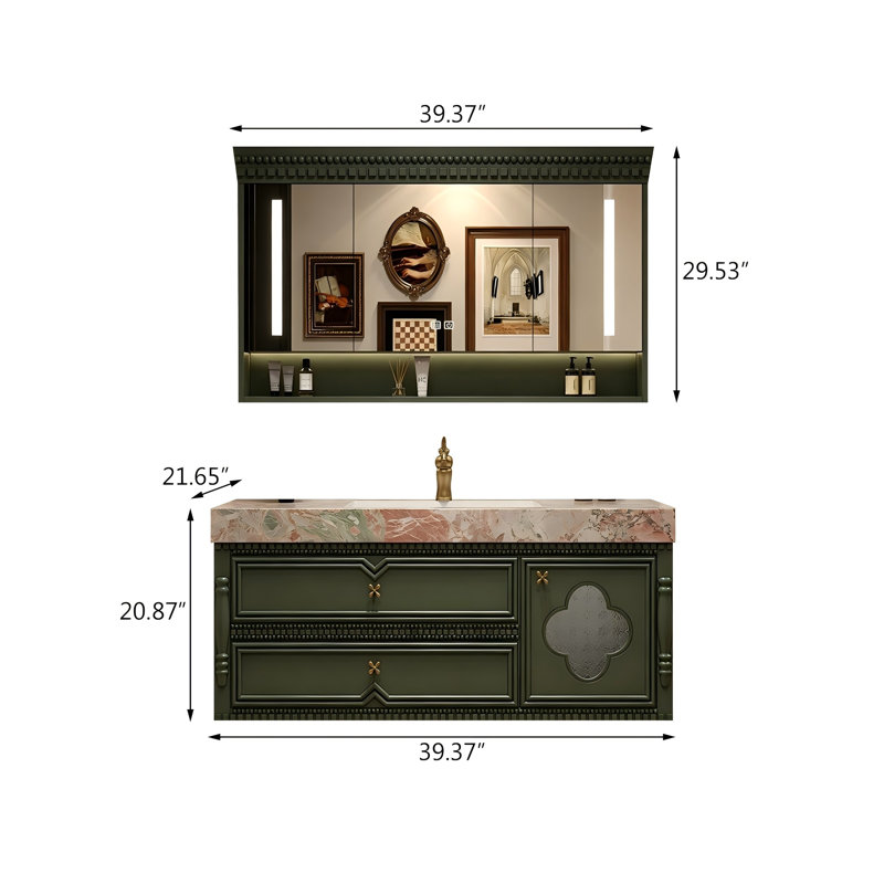 Meuble-lavabo mural en bois d'hévéa massif vert avec miroir intelligent, H 20,87 po x l 39,37 po x P 21,65 po