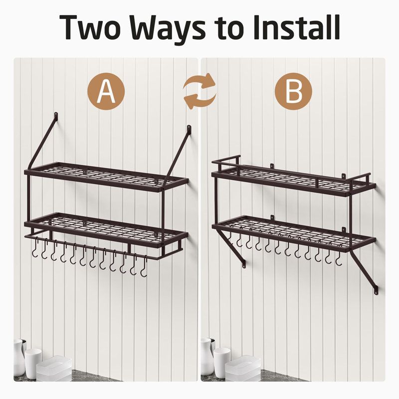 Metal Rectangle Wall Mounted Pot Rack, Oiled Bronze