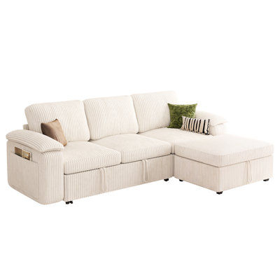 L Shape Sectional with Pull Out Bed, Sleeper Sectional Sofa with Storage, Beige