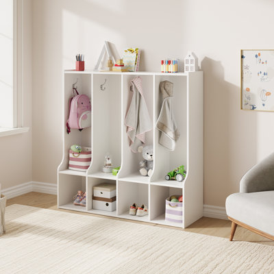 Organisateur de rangement pour manteaux et sacs à dos pour enfants à 4 compartiments – 8 crochets, 4 casiers – Étagère pour livres, vestes et sacs à dos – Maison, bureau, chambre d'enfant, maternelle