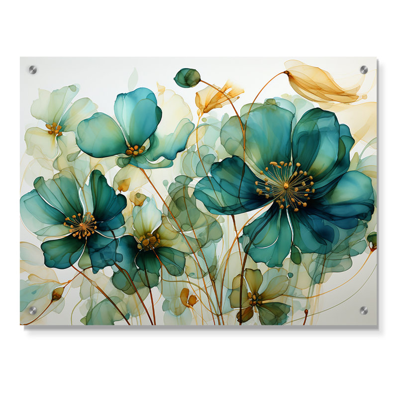 Bleu sarcelle, croissance organique - Botanicals abstraits, art mural en acrylique, H 12 po x l 20 po