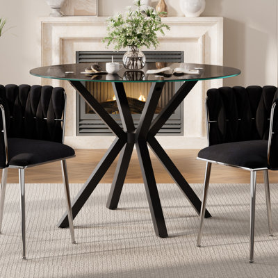 36'' Wide Modern Pedestal Dining Table with Tempered Glass and Metal Base for Dining Room