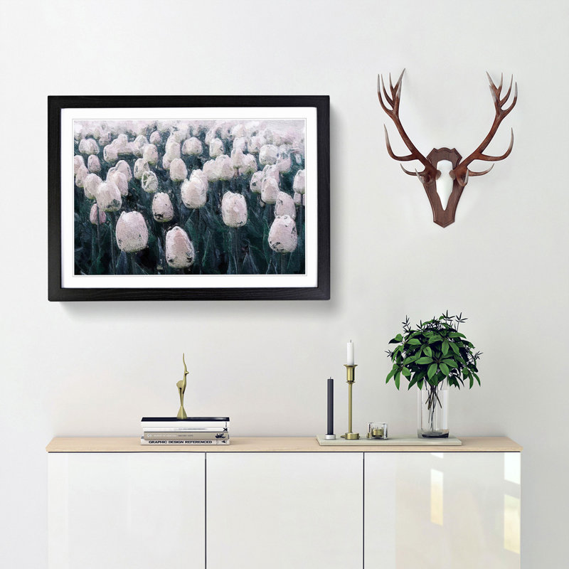 Field of White Tulips - Picture Frame Painting Print, 27cm H x 36cm W x 2cm D, Black Framed
