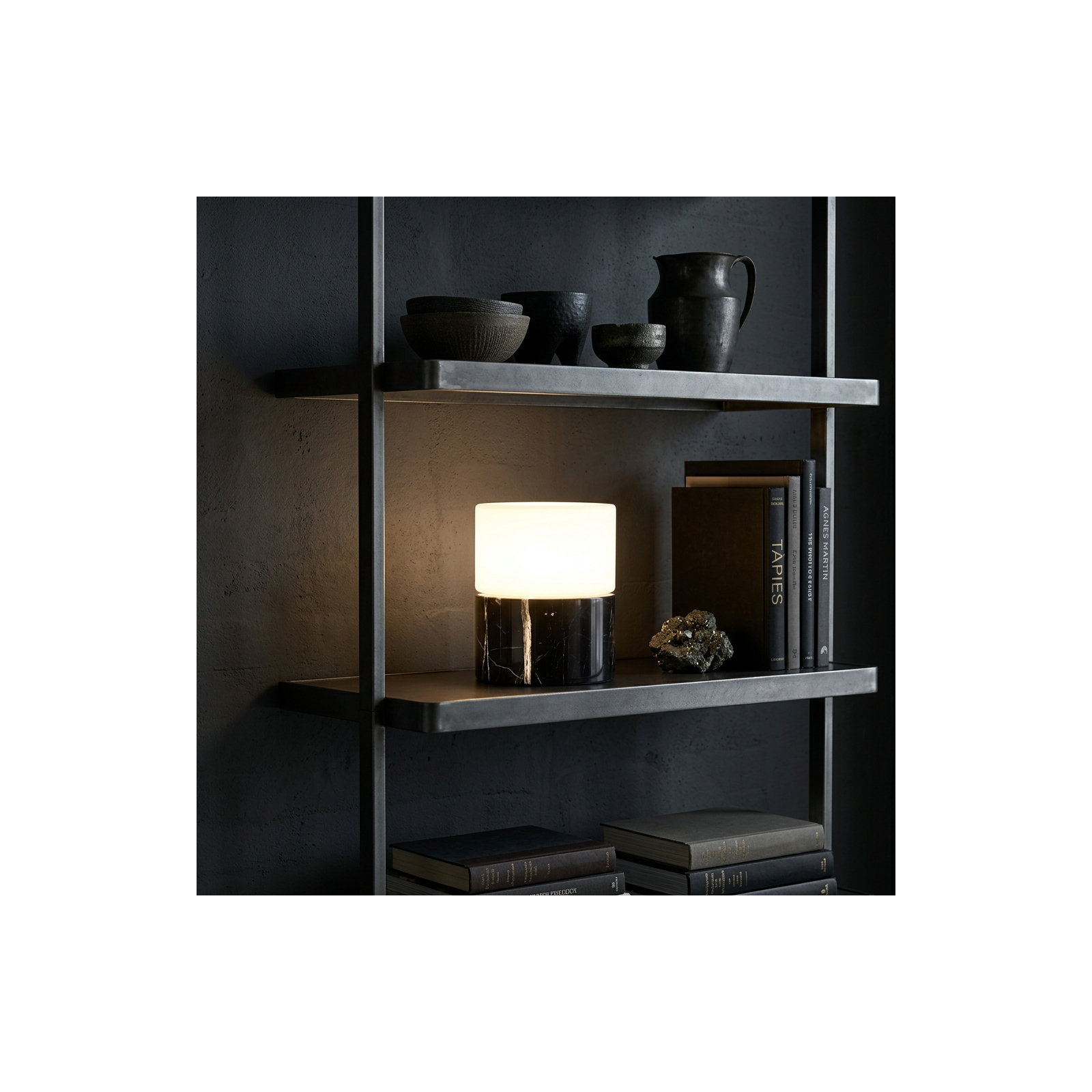 Zigzag 6" Black Marble LED Table Lamp With Crescent Moon Design, Rotatable Shade