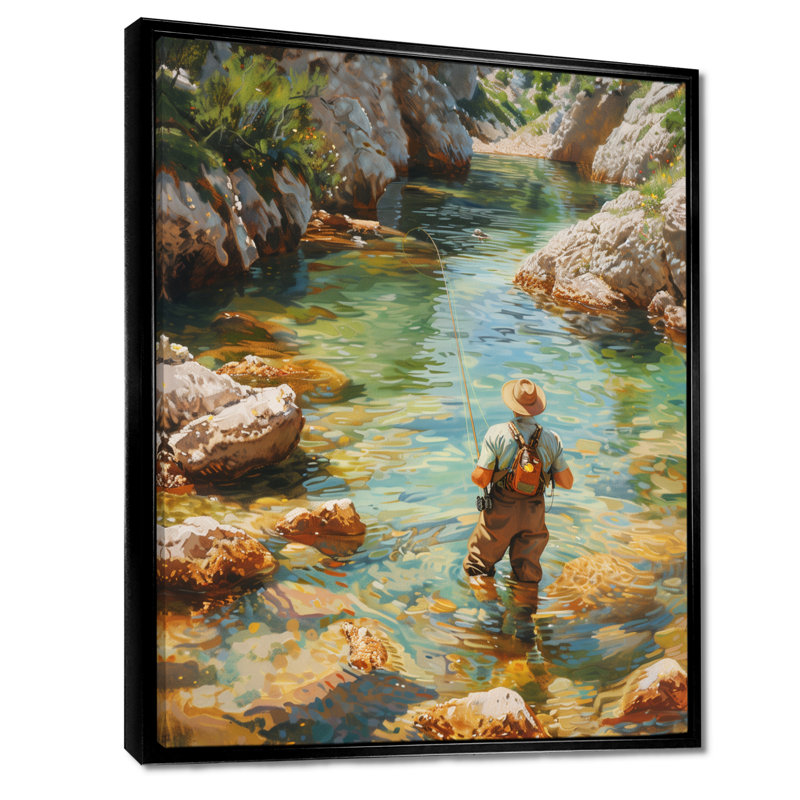 River Trout Fishing In The Mountains II - Hunting & Fishing Wall Art, 44" H x 34" W x 1.5" D, Black Floater Framed Canvas