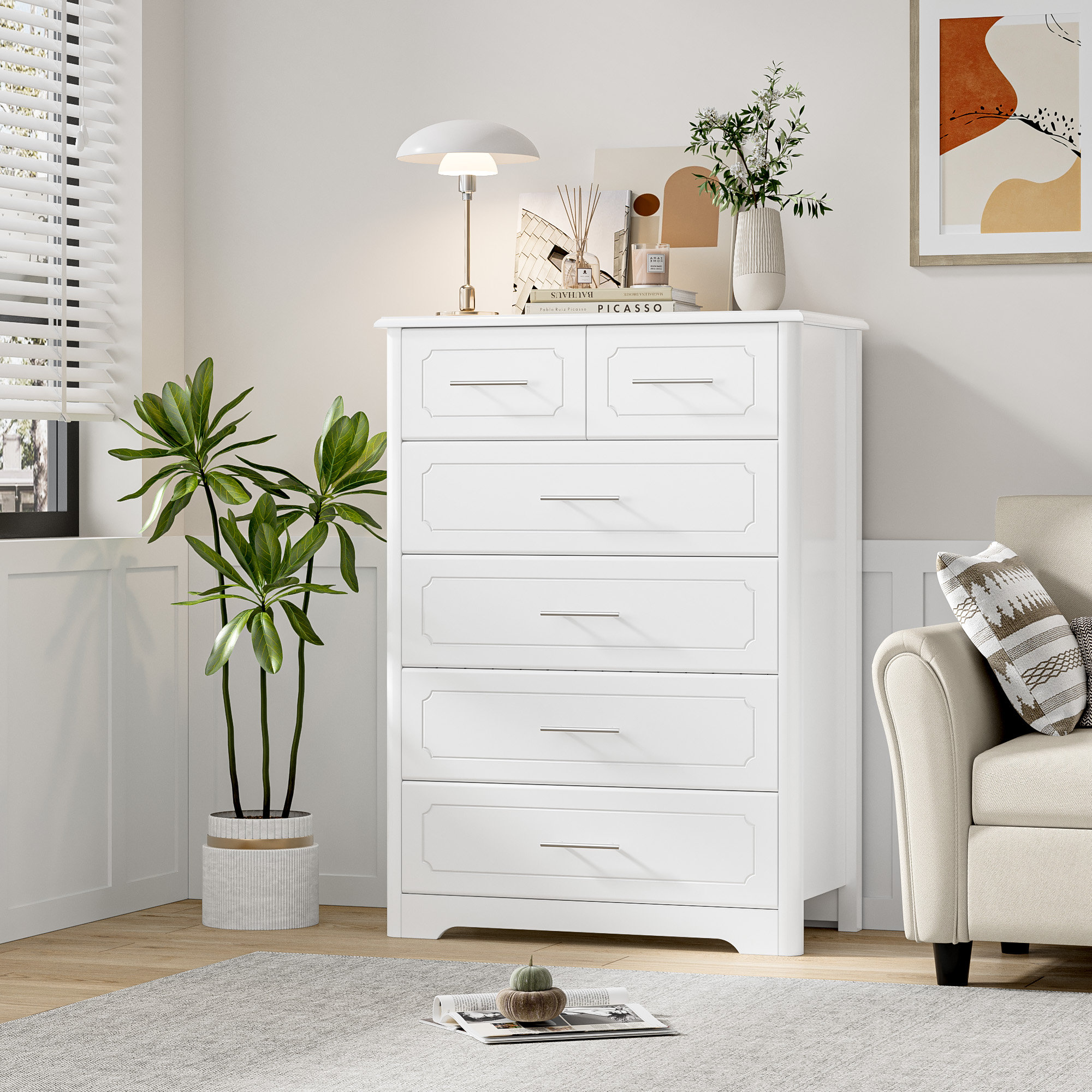 Dresser for Bedroom 16 Drawers, Tall White Fabric Dresser Organizer with Wood Top&Leather Front Ebern Designs