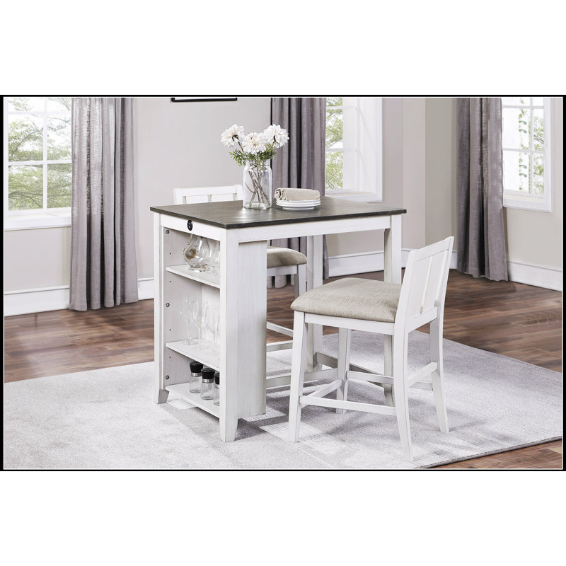 Ensemble de comptoir 3 pièces blanc et gris de style transitionnel avec tablette, ports USB et chaises rembourrées en tissu pour un repas moderne