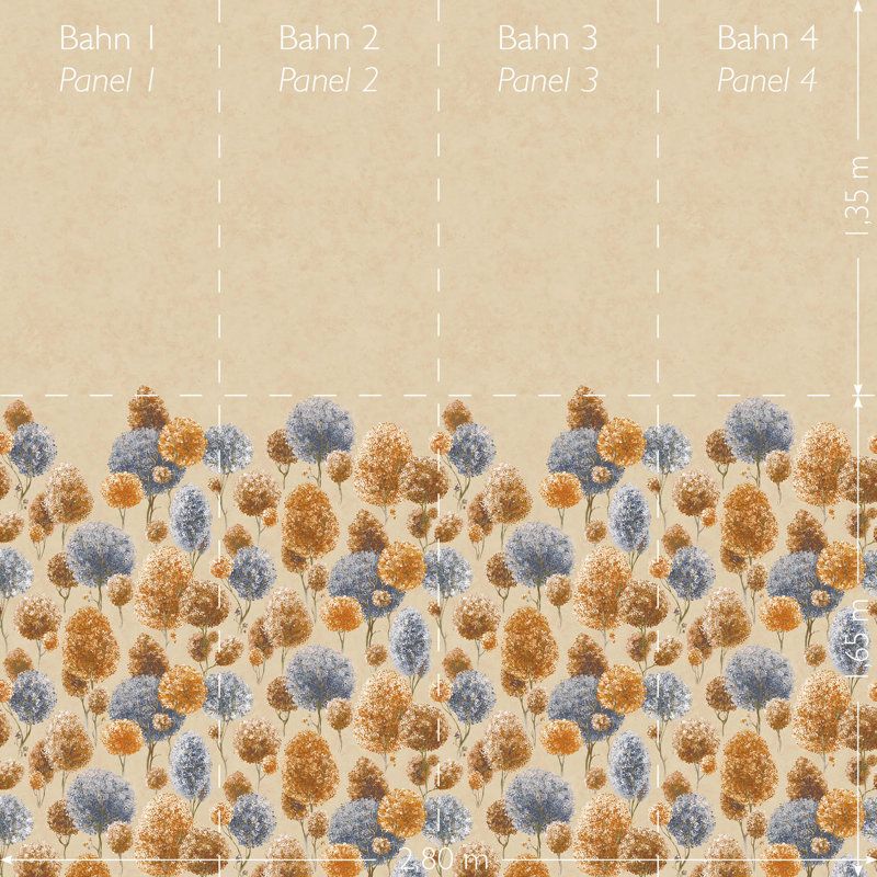 Thaler Large Tilia Trees and Plain Twinwall 4-panel Mural Design 3m x 280cm, Multi-coloured/Blue/Orange