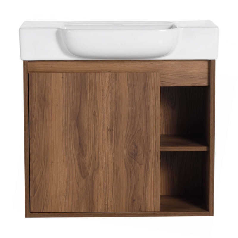 Meuble-lavabo mural avec lavabo en céramique blanche et porte à fermeture en douceur