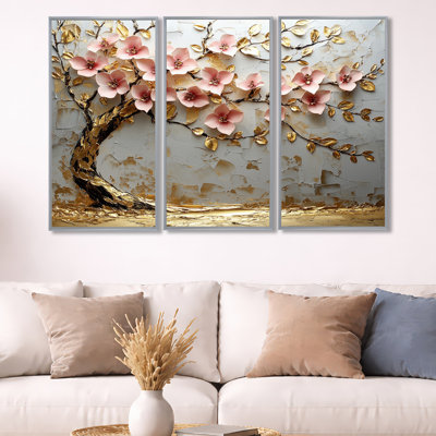 Arbre de fleurs de cerisier roses et dorées au bord du lac III - Ensemble de décorations murales fleurs de cerisier