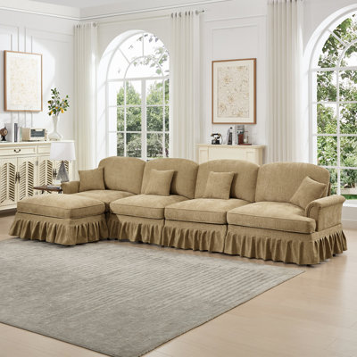 Classic Sectional Couch With Flared Arms And Removable Ruffles Pleats Skirts And Spindle Legs, Comfy Chenille Deep Seat Sofa With Movable Ottoman