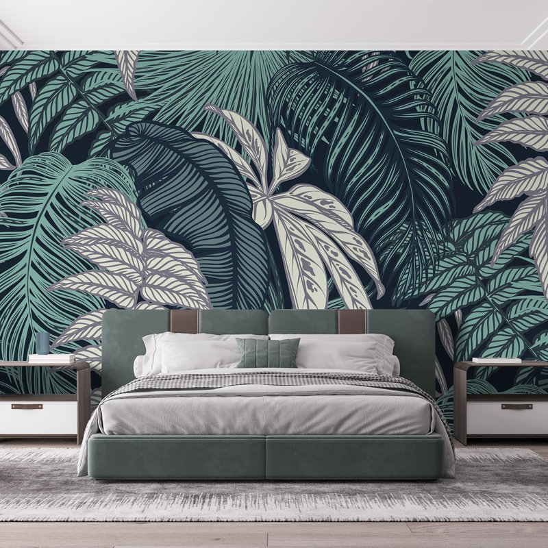 Toile luxuriante à feuilles tropicales vert foncé, L 108 po x l 168 po