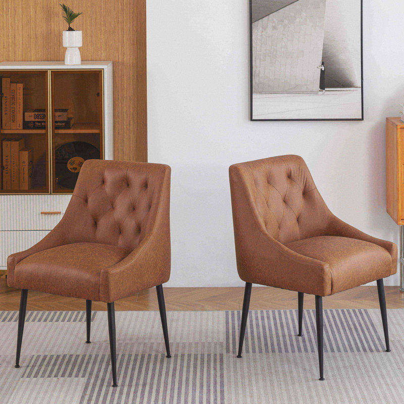 Dining Chairs,Mid Century Dining Chairs,Upholstered Faux Leather Dining Chairs with Back Pull Rod, Brown