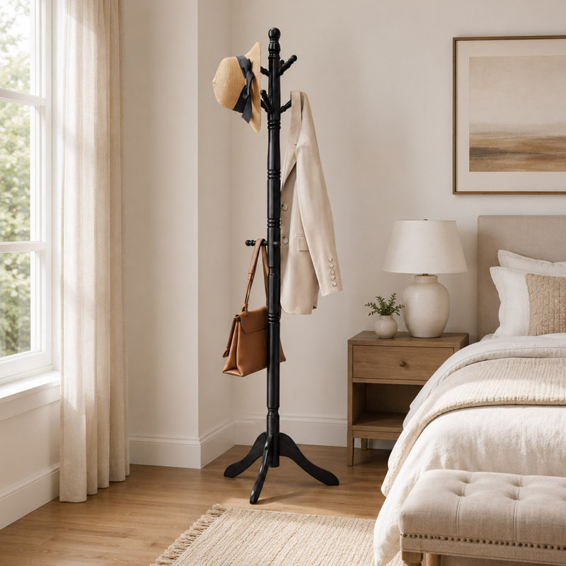 Solid Wood Coat Rack, 10 Hooks, Black, Black