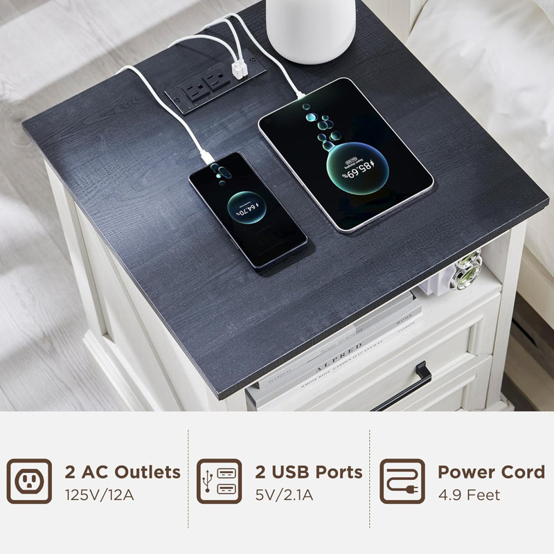 Wood 2 - Drawers Nightstand, Rustic End Table With Charging Station, White/Black