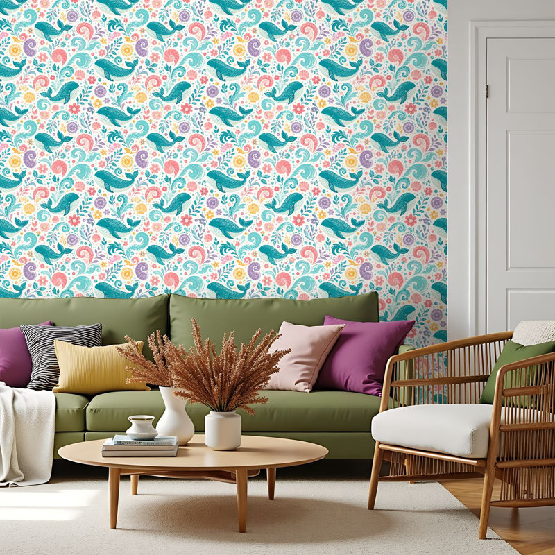 Papier peint auto-adhésif fantaisiste Narwhal, 117.6" L x 17.5" W