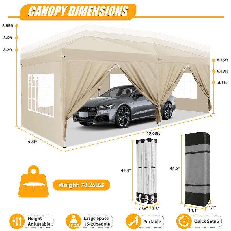 10x20 Pop Up Canopy with Sidewalls, Khaki