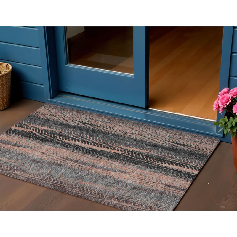 Tapis d'extérieur lavable bleu anthracite et cuivre 3 pi x 5 pi à feuilles botaniques