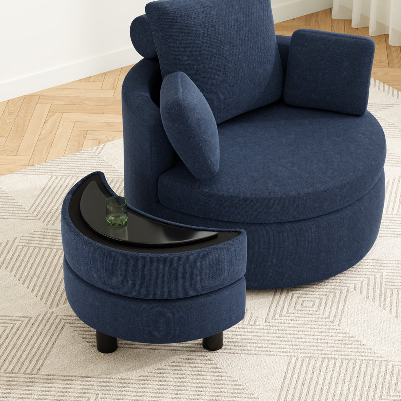 Fauteuil demi-tonneau rond pivotant surdimensionné avec repose-pieds demi-lune et double rangement, Bleu