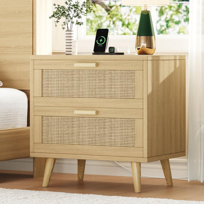 23.6" Wide Rattan Nightstand With Charging Station - 2-Drawer Boho Bedside Table With 2 USB & 2 AC Outlets - Wooden End Table With Solid Wood Legs - Natural Oak