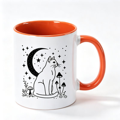 1pc Mystical Moon Cat DesignStarry Sky & Mushroom Illustration  Insulated Reusable Coffee Cup Ceramic Coffee Mug Holiday Gift Halloween.
