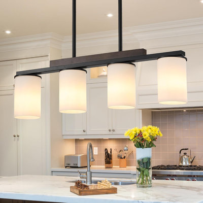 Farmhouse Linear Chandelier With Milk Glass Shade - Pendant Lighting For Dining Room Kitchen Island, Adjustable Height Dimmable Fixture In Matte Black Finish