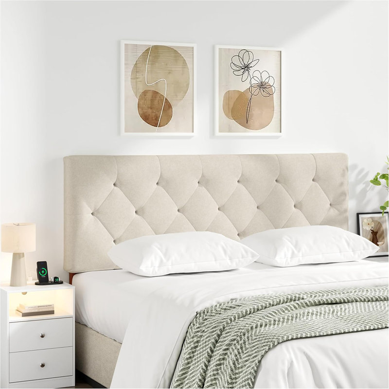 Tête de lit tapissier à hauteur réglable, entièrement pliable, beige, Beige, Lit double