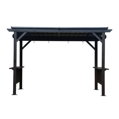 Abri de jardin à toit rigide, abri de barbecue extérieur avec 2 tablettes latérales et toit en acier galvanisé incliné, auvent de gril permanent en métal avec crochets de plafond pour patio, pelouse, cour arrière, terrasse